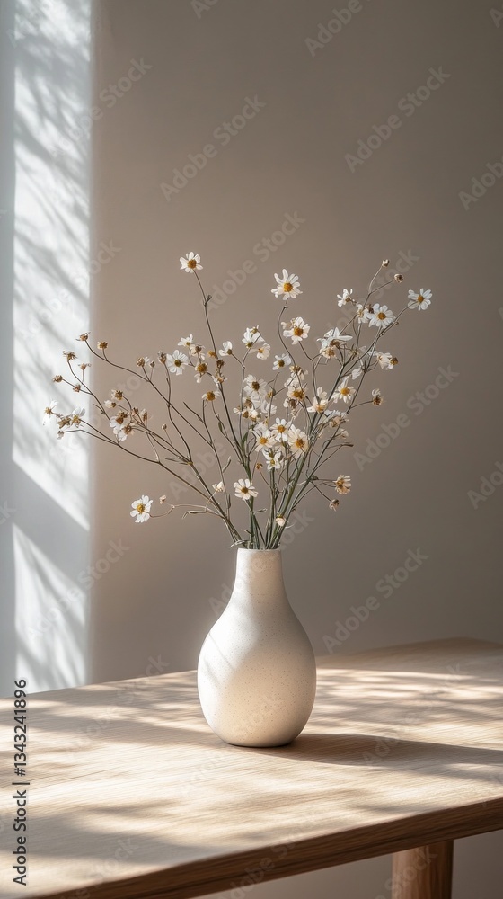 Poster bright, delicate wildflowers in a simple white vase stand elegantly on a wooden table, illuminated b