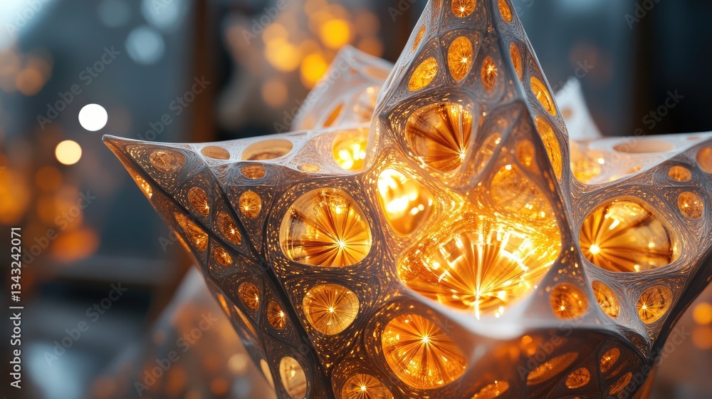 Poster complex geometric structure glows with bright internal illumination and highlights