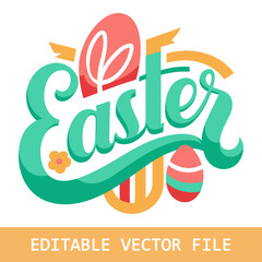 Obraz premium Easter hand lettering, Happy easter letters to print, Happy easter banner printable, Easter typography, Easter backdrop clipart, Easter greeting card, Easter calligraphy with colorful eggs