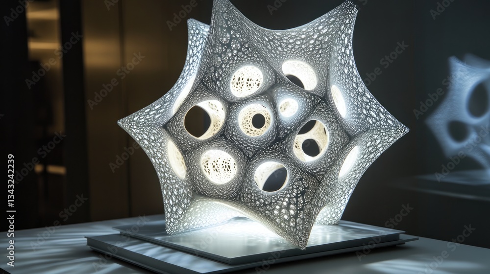 Poster illuminated geometric sculpture with open circular holes creating an aesthetic object