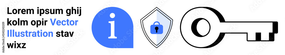 Poster info icon, lock shield, and key highlight data, security, and access themes. ideal for privacy, tech