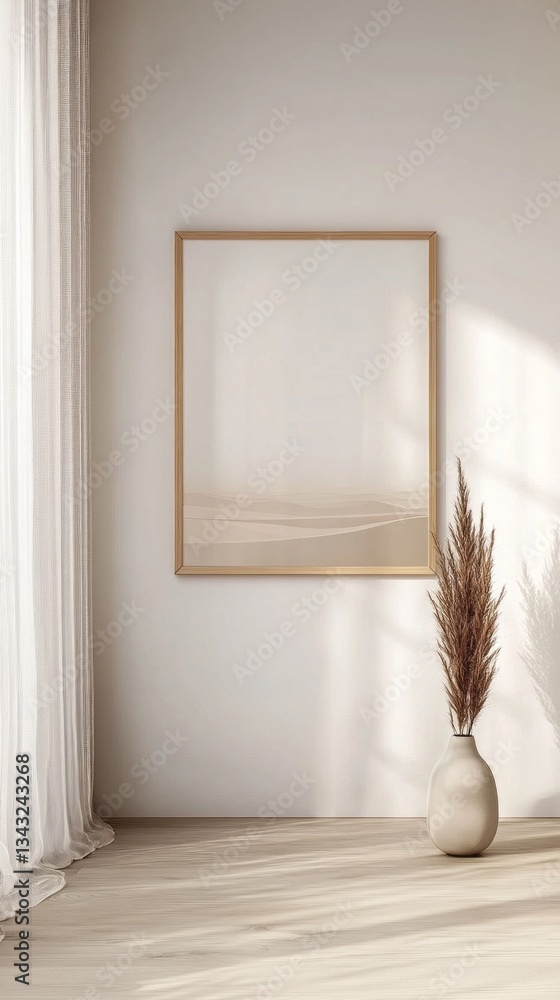 Poster Sunlight filters through sheer curtains, illuminating a serene space adorned with a simple vase and blank artwork. The natural light creates soft shadows, enhancing the tranquil ambiance