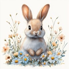 Fototapeta premium A whimsical watercolor illustration of a cute rabbit amidst pastel flowers, ideal for Easter designs, children's books, or spring-themed decor.