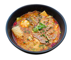 Mala Spicy Hot Pot soup, skewered vegetables and meat cooked 
