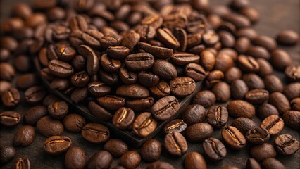 Obraz premium Roasted Coffee Bean Delight: An overhead shot showcases a rich tapestry of freshly roasted coffee beans, offering a sensory experience through its textures and earthy tones. 