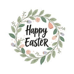 Happy Easter floral wreath with elegant hand-drawn lettering for festive greeting cards and spring decorations 