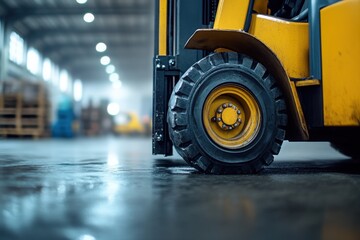 Eco-friendly machinery concept featuring a forklift tire in a warehouse setting, with a blurred background that emphasizes sustainable industrial operations