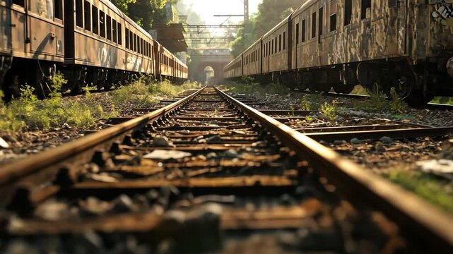 Abandoned Railway: A symmetrical composition captures a sense of forgotten grandeur, with old train carriages flanking the tracks and a bridge in the distance. The scene evokes a sense of decay.