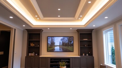 Modern home entertainment area with recessed lighting