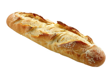 A freshly baked baguette showcasing golden crust and airy interior on a clean, white background, perfect for culinary artistry