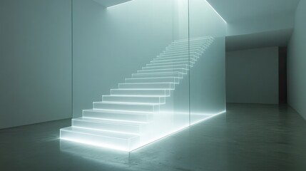 Illuminated stairs are enclosed in a glass walled minimalist structure
