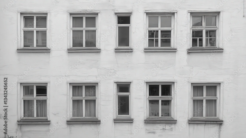 Poster weathered building facade with multiple windows in black and white