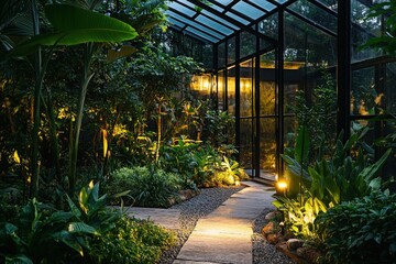 Obraz premium Energy-efficient lighting illuminating a garden filled with lush plants at twilight, symbolizing climate action and the integration of eco-conscious solutions in outdoor spaces