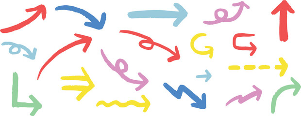  hand-drawn colorful bold brush curved and wavy arrows collection. Vector thick arrows.
