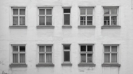 Fototapeta premium Weathered Building Facade with Multiple Windows in Black and White
