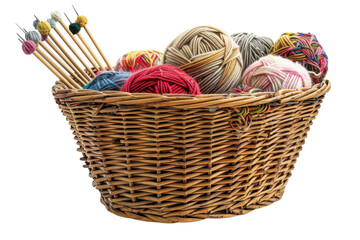 A colorful collection of yarn balls and knitting needles in a woven basket ready for creative crafting at home