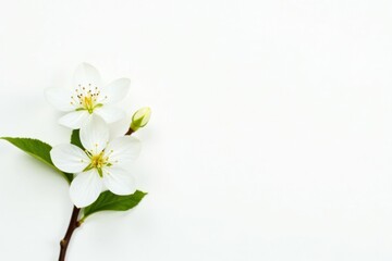 Fototapeta premium Delicate white blossom against pure white background, texture, elegance