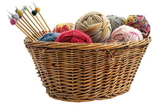A colorful collection of yarn balls and knitting needles in a woven basket ready for creative crafting at home