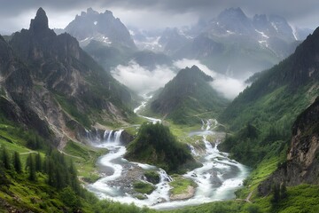 Obraz premium Majestic Mountain Waterfall Landscape