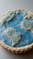  World map design on a pie crust with blue and green colors representing global travel and exploration