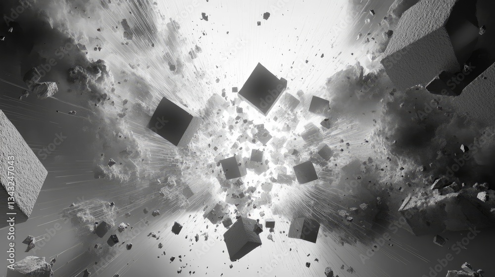 Poster geometric objects are seen floating in a nebulous explosion