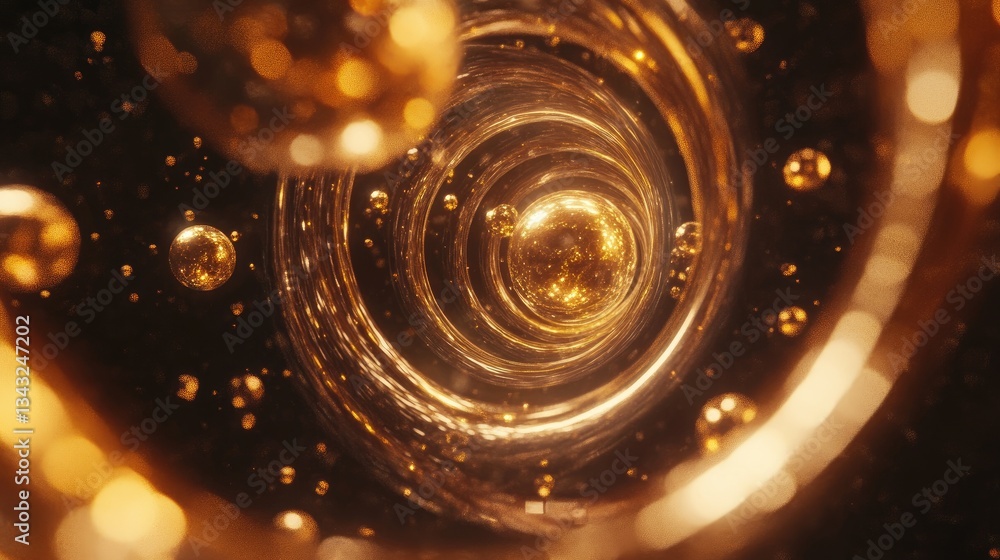 Poster glowing golden tunnel featuring circular patterns and sparkling spheres