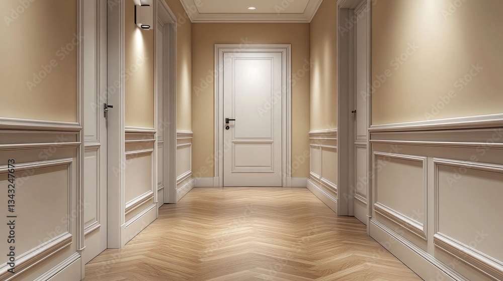 Poster a beautifully designed hallway features warm wooden floors and soft wall lighting. the closed door a