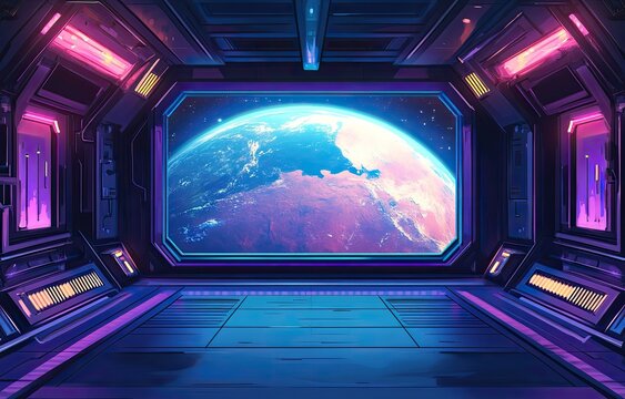 Futuristic spaceship interior, Earth view