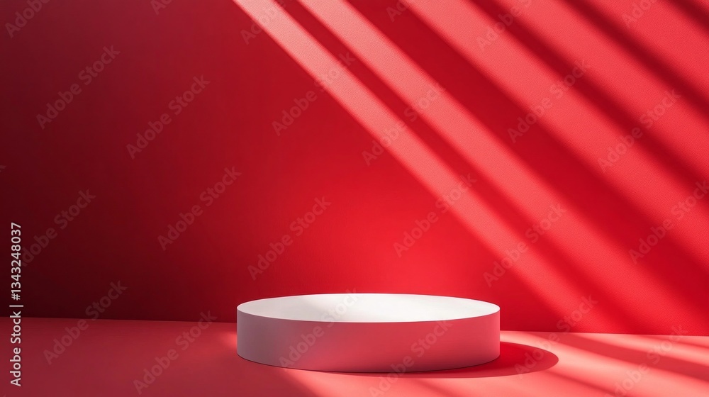 Poster in a bold red environment, a sleek circular pedestal stands at the center, cast in soft shadows. thi