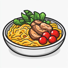 a plate of Fried noodles with chicken steak icon, line art style , clear background