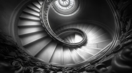 Elegant spiral staircase with ornate details in monochrome
