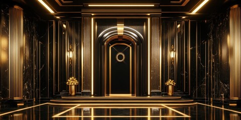 Obraz premium Opulent art deco design, black and gold accents highlighting a grand retro entrance portal, with bold symmetrical lines and shimmering elements