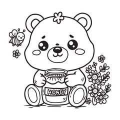 cute little bear with honey jar and bees vector illustration for colour