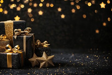 Gift boxes, gold ribbon, dark background