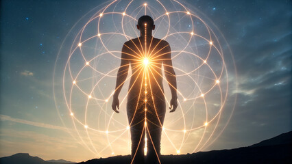 law of attraction visualization vibration manifestation A silhouetted figure stands against a sunburst, surrounded by a geometric pattern in a tranquil landscape.