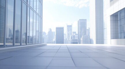 Empty city rooftop patio overlooking urban skyline