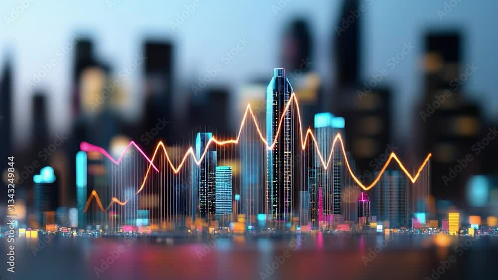 Poster a 3d line graph rising and falling, representing fluctuations in air quality index over a cityscape