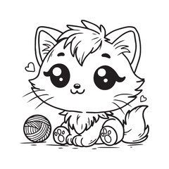 Cute cartoon kitten playing with ball of yarn. Vector illustration for colouring.