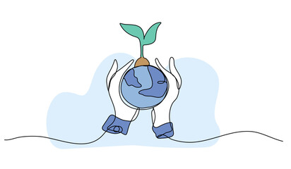 Vector illustration of hands holding earth with plant. Modern flat in continuous line style.