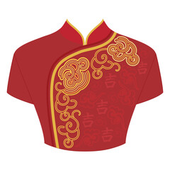Gold and red traditional chinese dress women's - qipao. The neckline with clouds and and symbols of happiness- asian design. Vector clipart