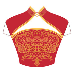 Gold and red traditional chinese dress women's - qipao. The neckline with clouds and and symbols of happiness- asian design. Vector clipart