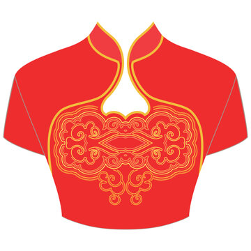 Gold and red chinese traditional dress women's - qipao. The neckline - asian design. Vector clipart