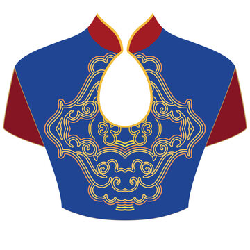 Red and blue  chinese traditional dress women's - qipao. The neckline - asian design, ethnic ornament. Vector clipart