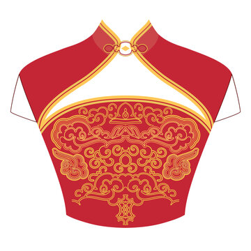 Gold and red traditional chinese dress women's - qipao. The neckline with clouds and and symbols of happiness- asian design. Vector clipart