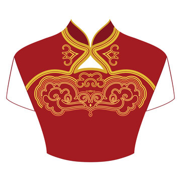 Gold and red chinese traditional dress women's - qipao. The neckline - asian design. Vector clipart