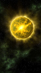 Obraz premium Bright yellow sun radiating energy in a cosmic space filled with stars and nebulae