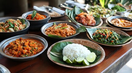 Obraz premium Delicious Asian cuisine buffet on wooden table.