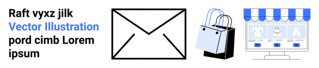 Envelope icon, shopping bags, and an e-commerce screen for showcasing notifications, shopping, commerce, marketing, communication, online stores and digital services. Ideal for flat landing page