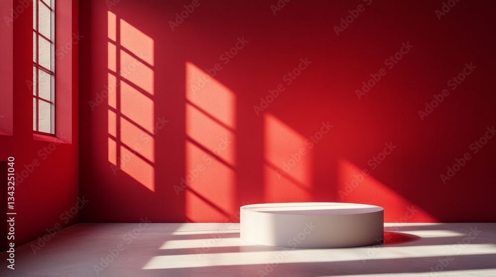 Poster a vibrant red room showcases a smooth circular pedestal, illuminated by sunlight casting sharp, elon