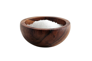 A rustic wooden bowl filled with coarse salt resting on a minimalistic white surface at a serene kitchen setting
